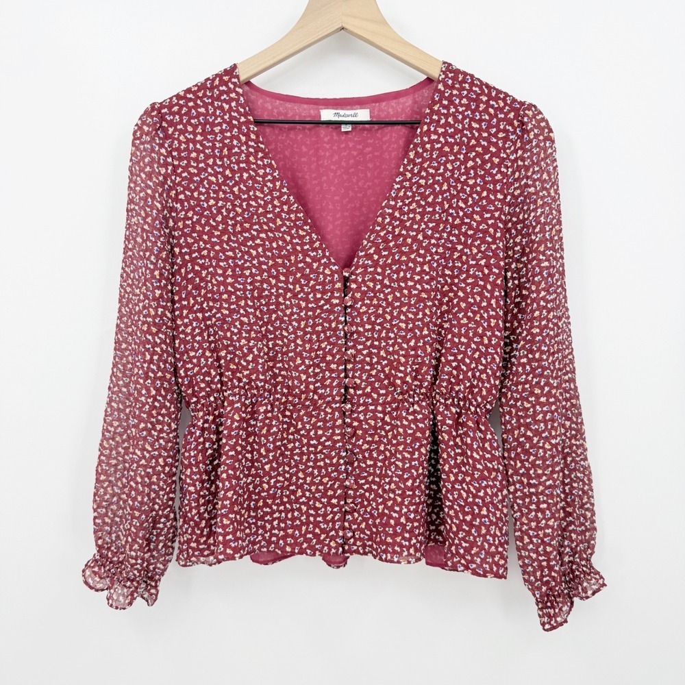Madewell Red Floral Button Front Peplum Top S Chiffon Cottagecore Prairie Boho